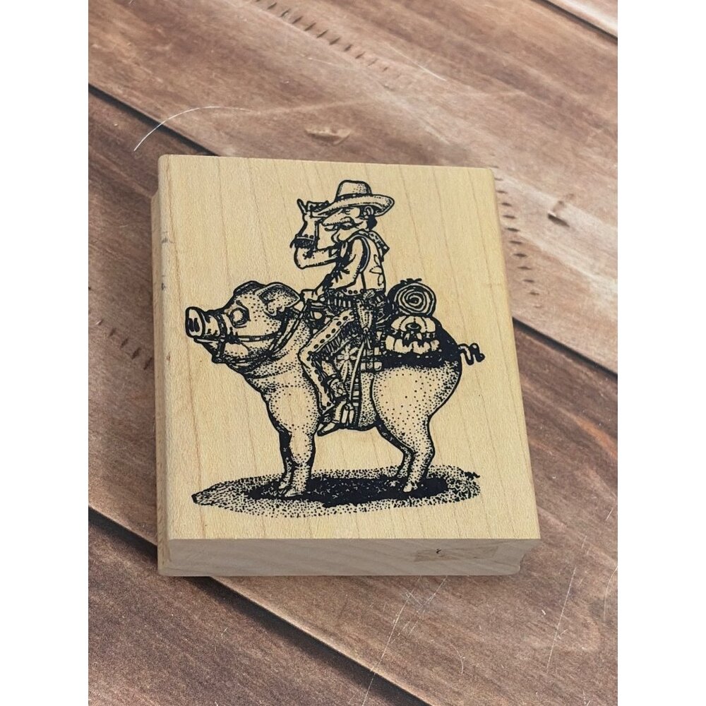 RARE 1991 RUBBER BABY BUGGY BUMPERS MAN RIDING HOG PIG WOOD MOUNTED STAMP FUNNY